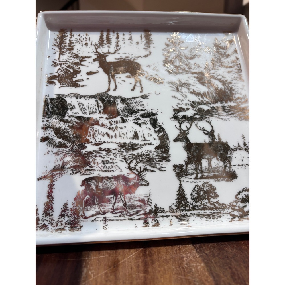 Holiday Gatherings Christmas square serving tray white gold deer wildlife forest